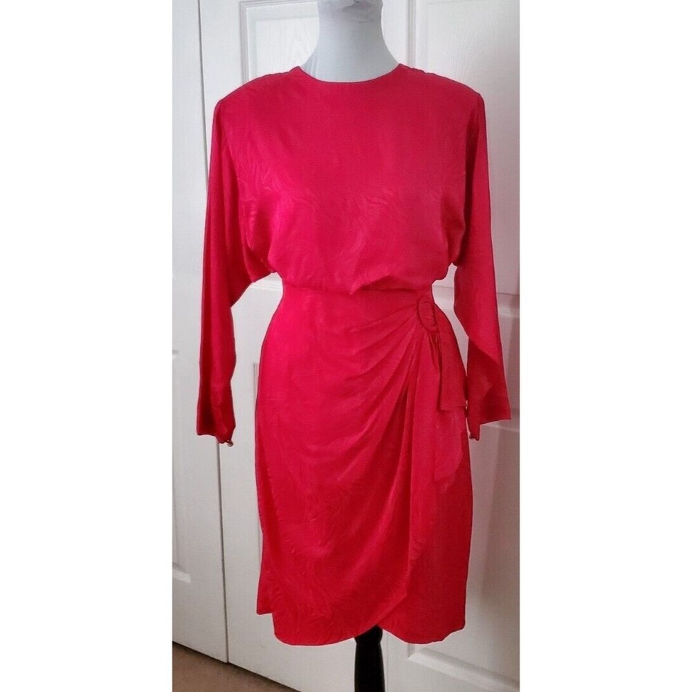 Argenti VTG Womens Fuchsia Long Sleeve Blouse/Ruched Silk Skirt Suit  Sz 8